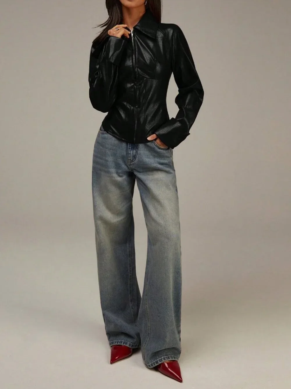 Black Casual Women's Faux Leather Long Sleeve Zip Up Slim Fit Shiny jacket